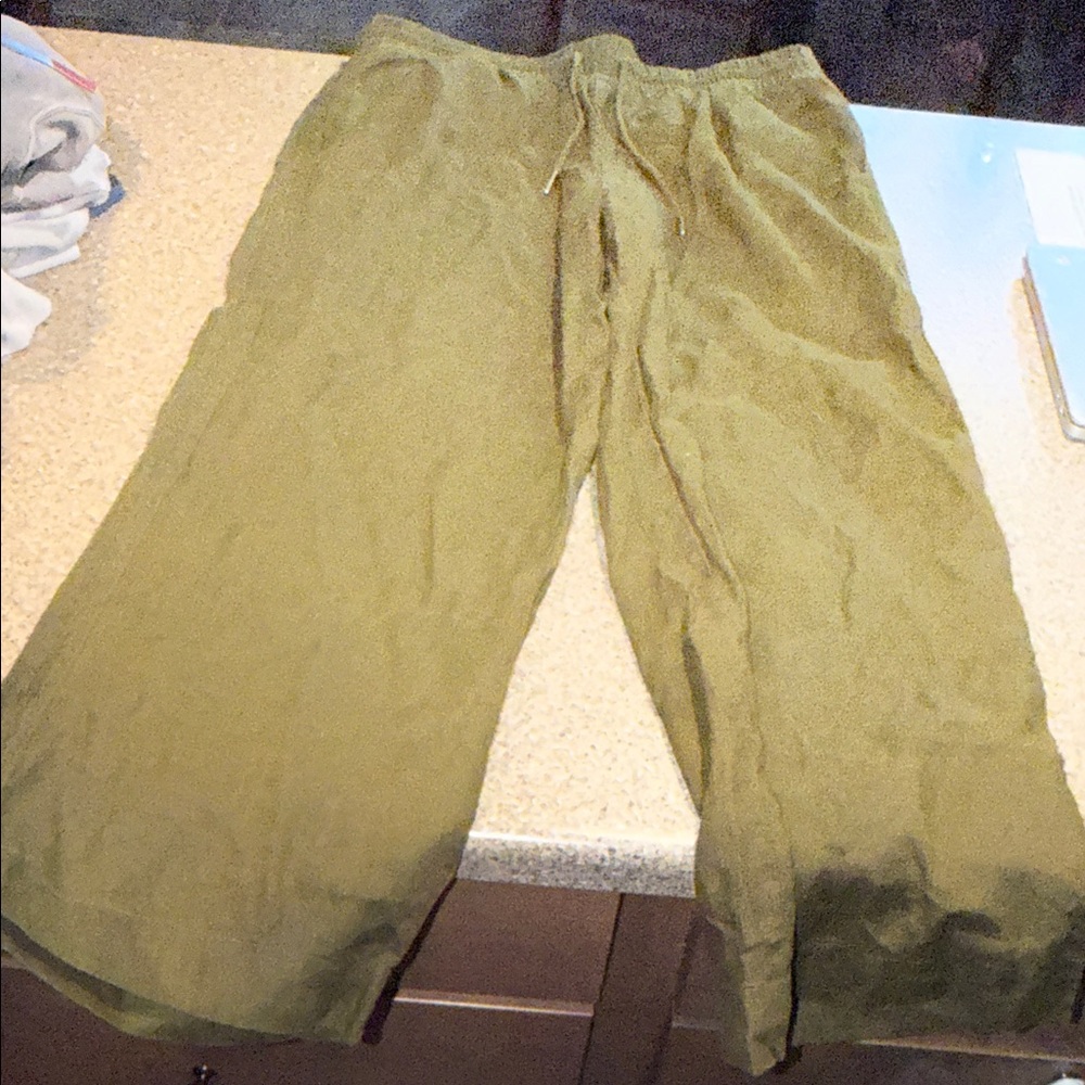 Quince Olive Drawstring Wide-Leg Linen-Blend Pants